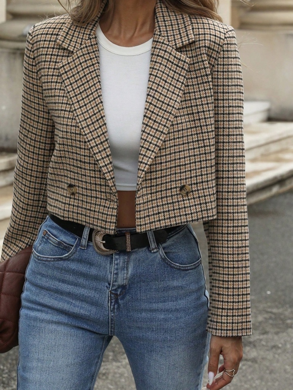 Classic Houndstooth Print Double Button Cropped Blazer Jacket